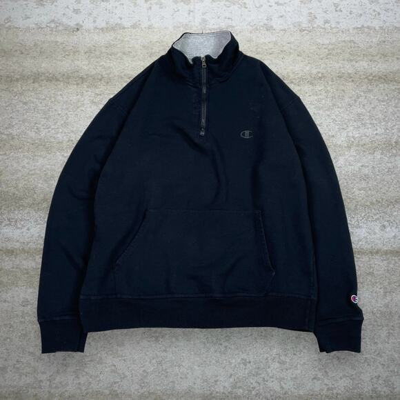 Vintage Champion Quarter Zip Jacket Jet Black Cotton Subtle Embroidered Logo Y2K - Picture 1 of 3